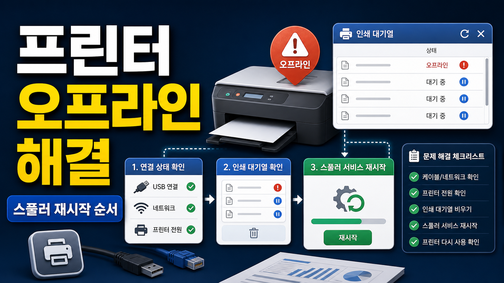 프린터 오프라인 상태 스풀러 재시작 해결, 인쇄 대기열부터 확인하는 순서