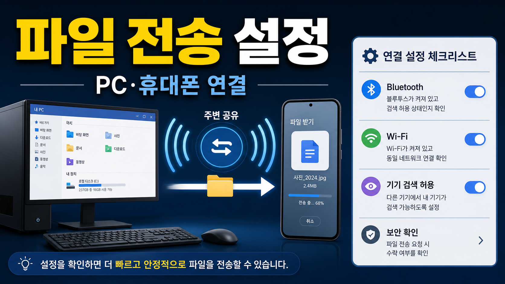 윈도우 Nearby Share 안드로이드 파일 전송 설정: PC와 휴대폰이 서로 안 보일 때 점검 순서