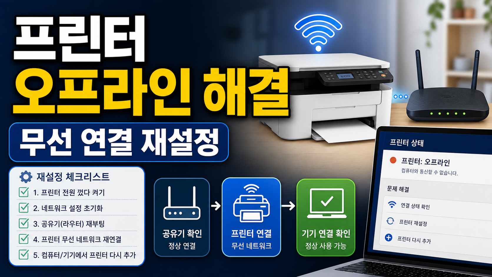 무선 프린터 연결 재설정, 오프라인 표시가 뜰 때 확인할 순서