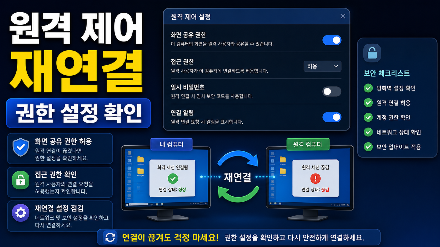 Windows Quick Assist 원격 제어 권한 재연결, 화면 공유 전에 확인할 설정 순서