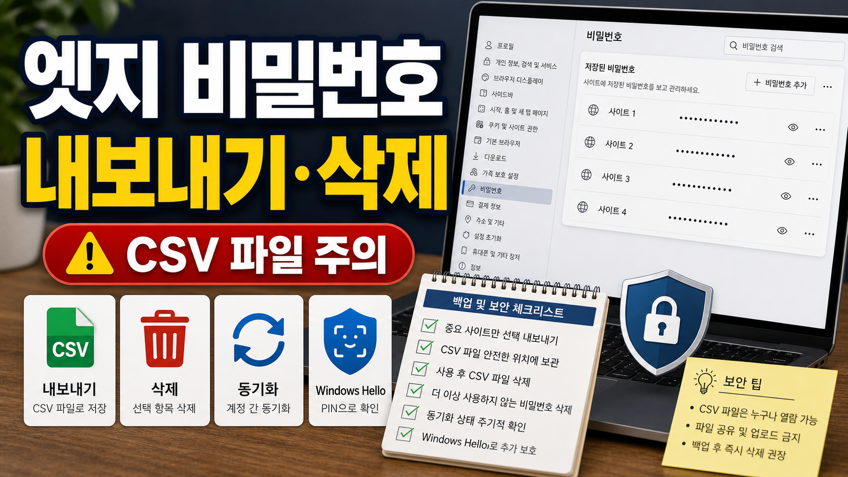 엣지 저장된 비밀번호 내보내기와 삭제 전 보안 체크