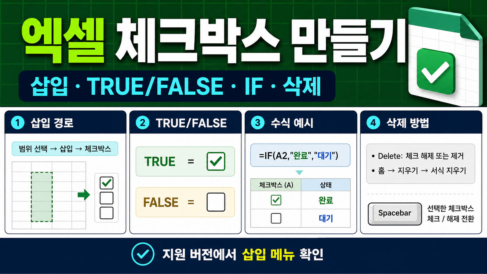 엑셀 체크박스 만들기 – 삽입·TRUE/FALSE·IF 수식·삭제