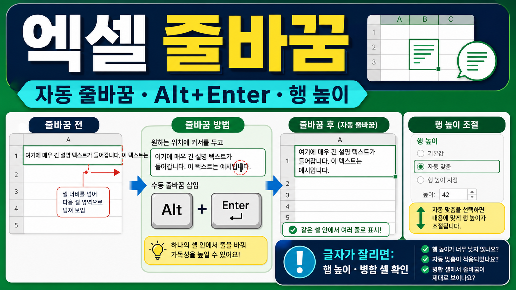 엑셀 줄바꿈 방법 – 자동 줄바꿈·Alt+Enter·행 높이 해결