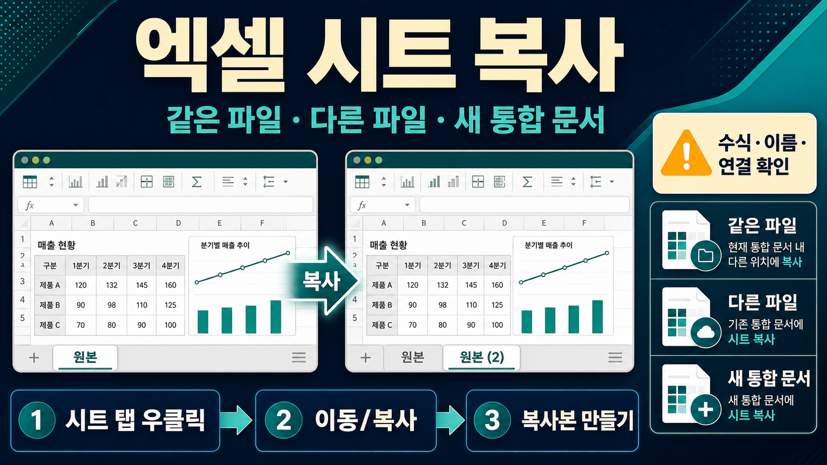 엑셀 시트 복사 – 같은 파일·다른 파일·새 통합 문서로 옮기는 법